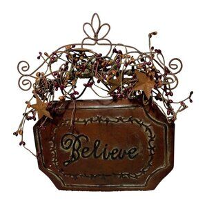 Believe Wall Hanging Plaque Rustic Metal Tin With Star Accents & Berry Garland